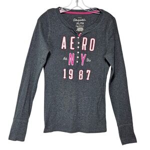 Aeropostale Womens Henley Top XL Gray Pink AERO NY 1987 Y2K Athleisure Mallgoth